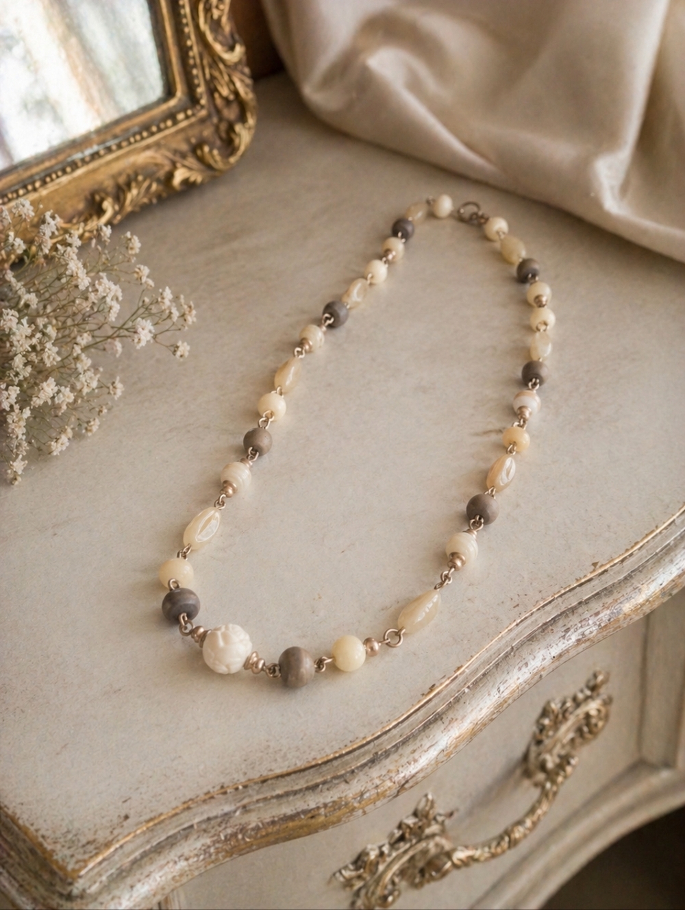 Carved Mother Of Pearl Quartz Beaded Necklace - Sterling Silver Navajo Vintage